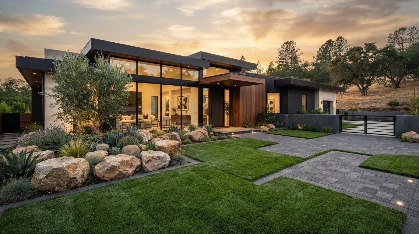 Futuristic Front Yard Concept 10 Front Yard futuristic concept visualisation modern home. Images Created by www.future-home.shop