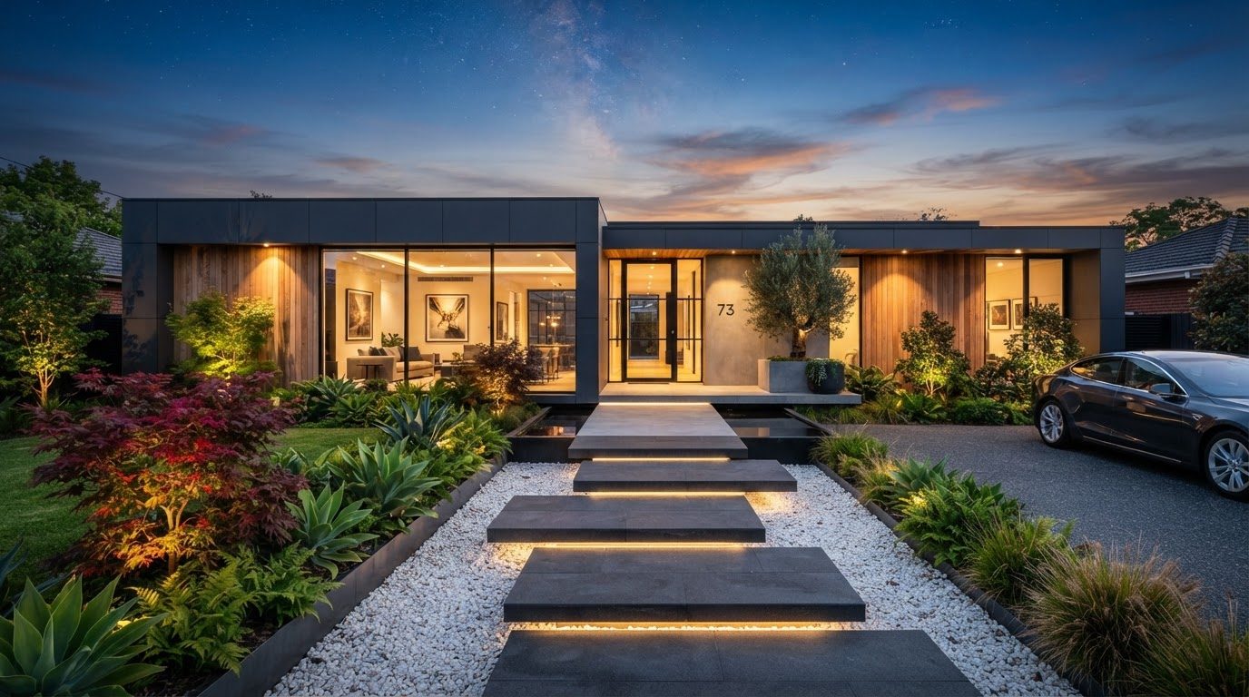 Futuristic Front Yard Concept 01 Front Yard futuristic concept visualisation modern home. Images Created by www.future-home.shop
