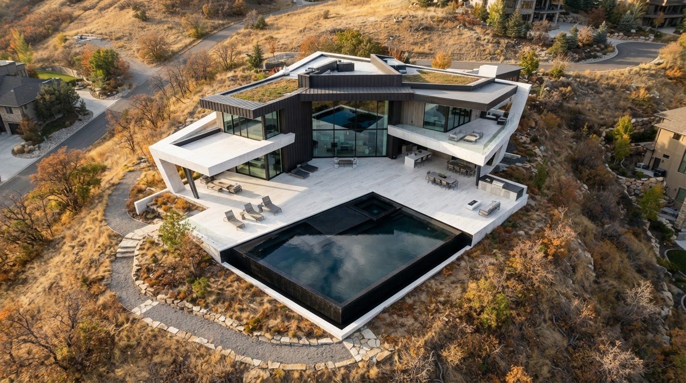 Aerial Plan Concept 29 Aerial Top View futuristic concept visualisation modern home. Images Created by www.future-home.shop