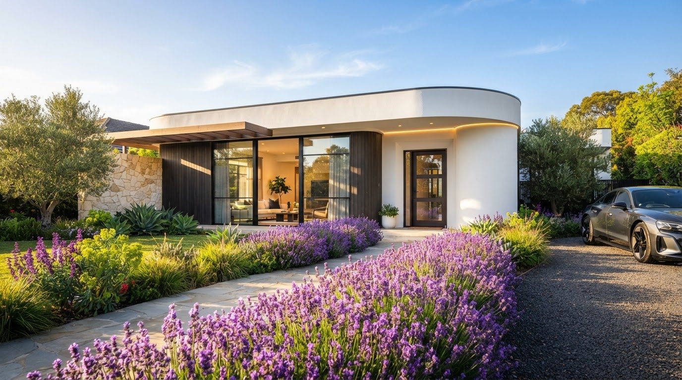 Futuristic Front Yard Concept 36 Front Yard futuristic concept visualisation modern home. Images Created by www.future-home.shop