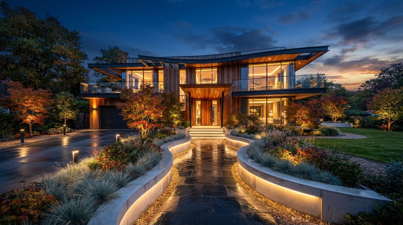 Futuristic Front Yard Concept 23 Front Yard futuristic concept visualisation modern home. Images Created by www.future-home.shop