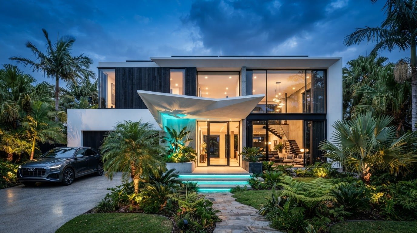 Futuristic Front Yard Concept 13 Front Yard futuristic concept visualisation modern home. Images Created by www.future-home.shop