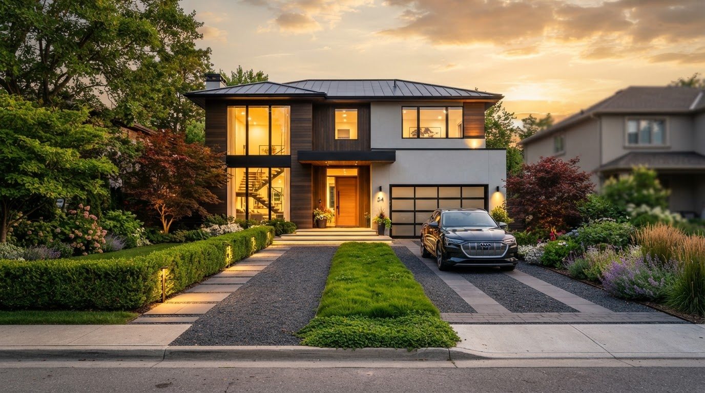 Futuristic Front Yard Concept 14 Front Yard futuristic concept visualisation modern home. Images Created by www.future-home.shop