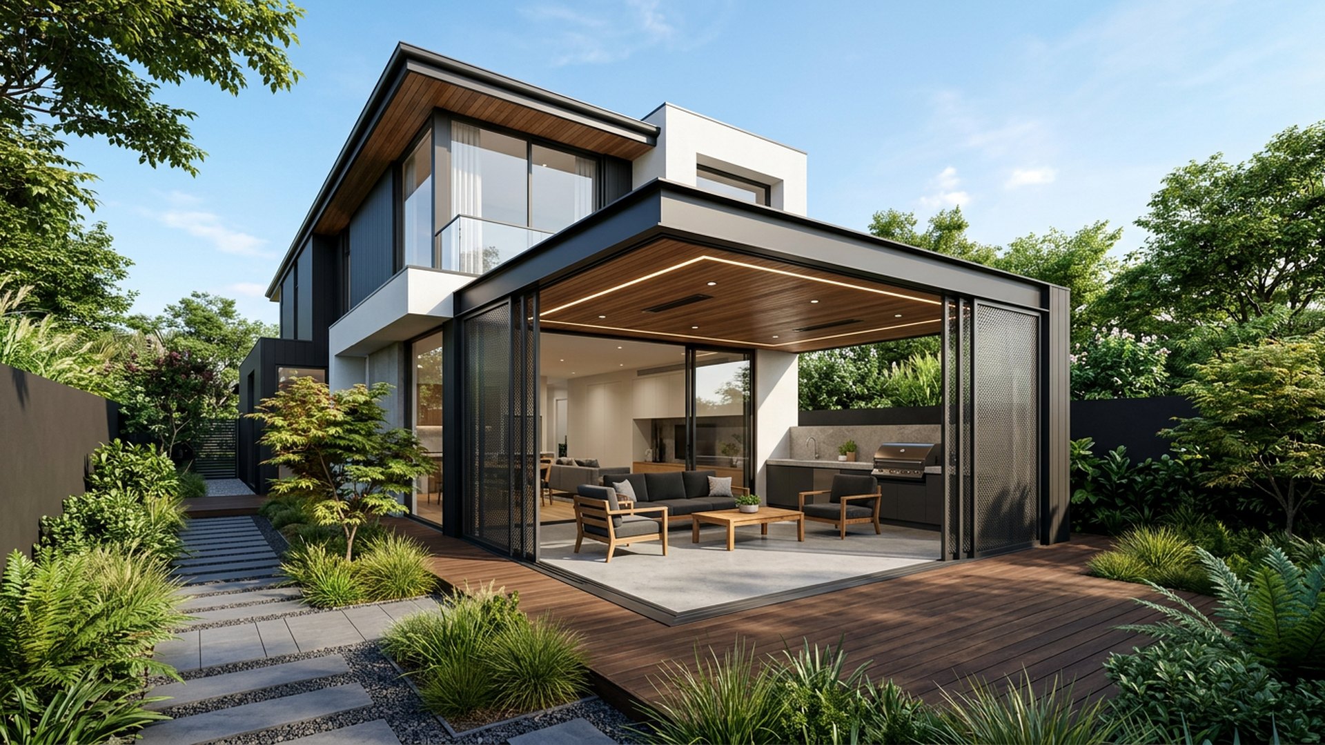 Alfresco Extension backyard landscaping concept Forward Looking A roofed alfresco that reads as part of the house, with sliding screens. Images Created by www.future-home.shop