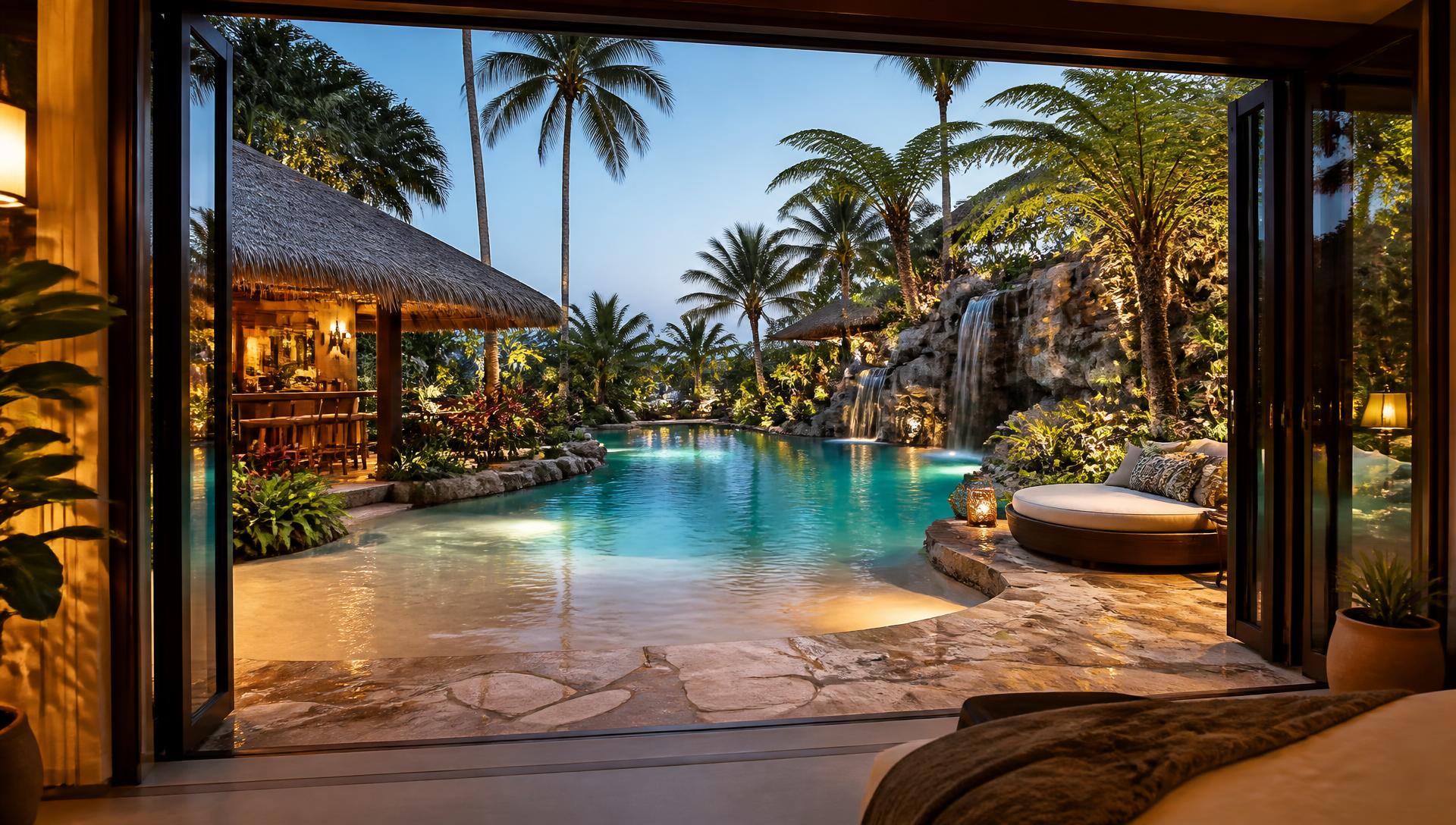Palm Lagoon Resort Yard backyard design Forward Looking A freeform lagoon pool with a rock waterfall and shallow beach entry. Images Created by www.future-home.shop