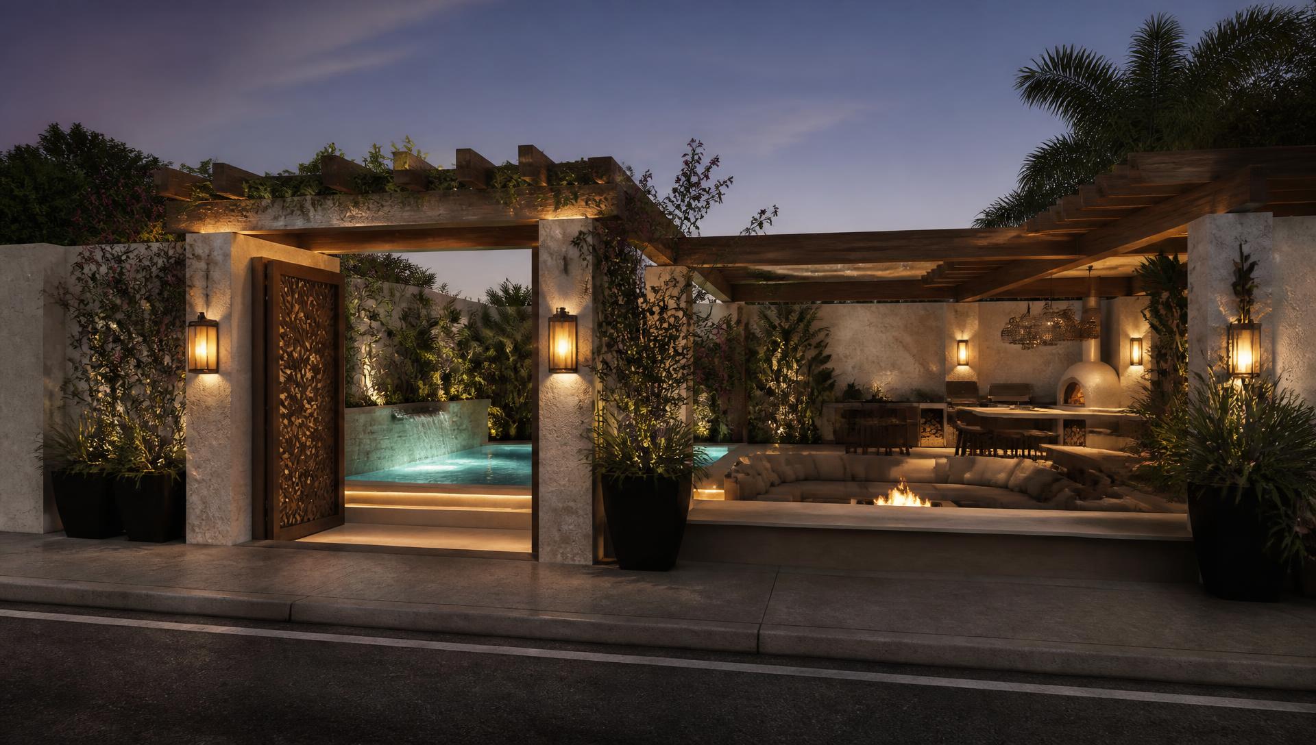Ember Court Pergola Courtyard backyard design Left Side Property View A tight suburban courtyard doing everything at once: a deep. Images Created by www.future-home.shop