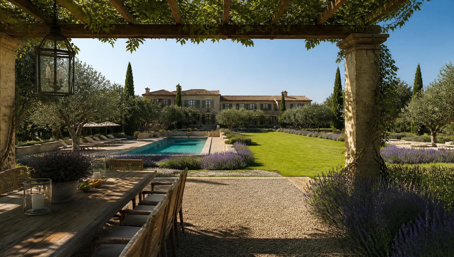 Mediterranean Olive Grove Yard backyard design Rear Backyard Look A sun-warmed gravel terrace under a stone and vine pergola with. Images Created by www.future-home.shop