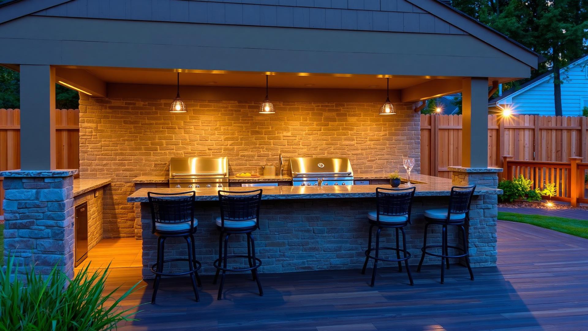 Backyard outdoor kitchen with stainless BBQ stone bench bar stools and pendant lighting. Images Created by www.future-home.shop