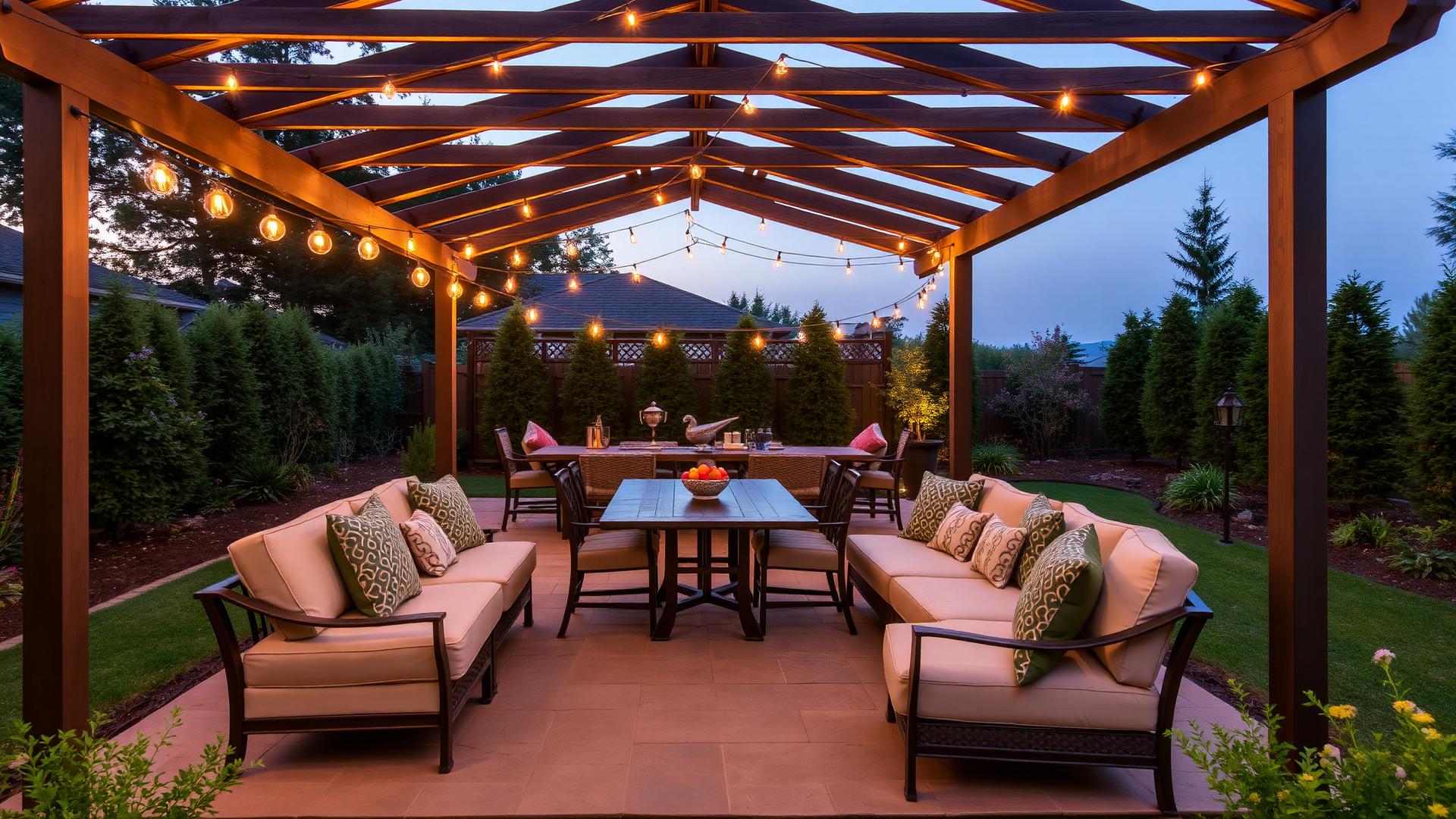 Covered backyard pergola with dining table lounge sofas cushions and warm string lights. Images Created by www.future-home.shop