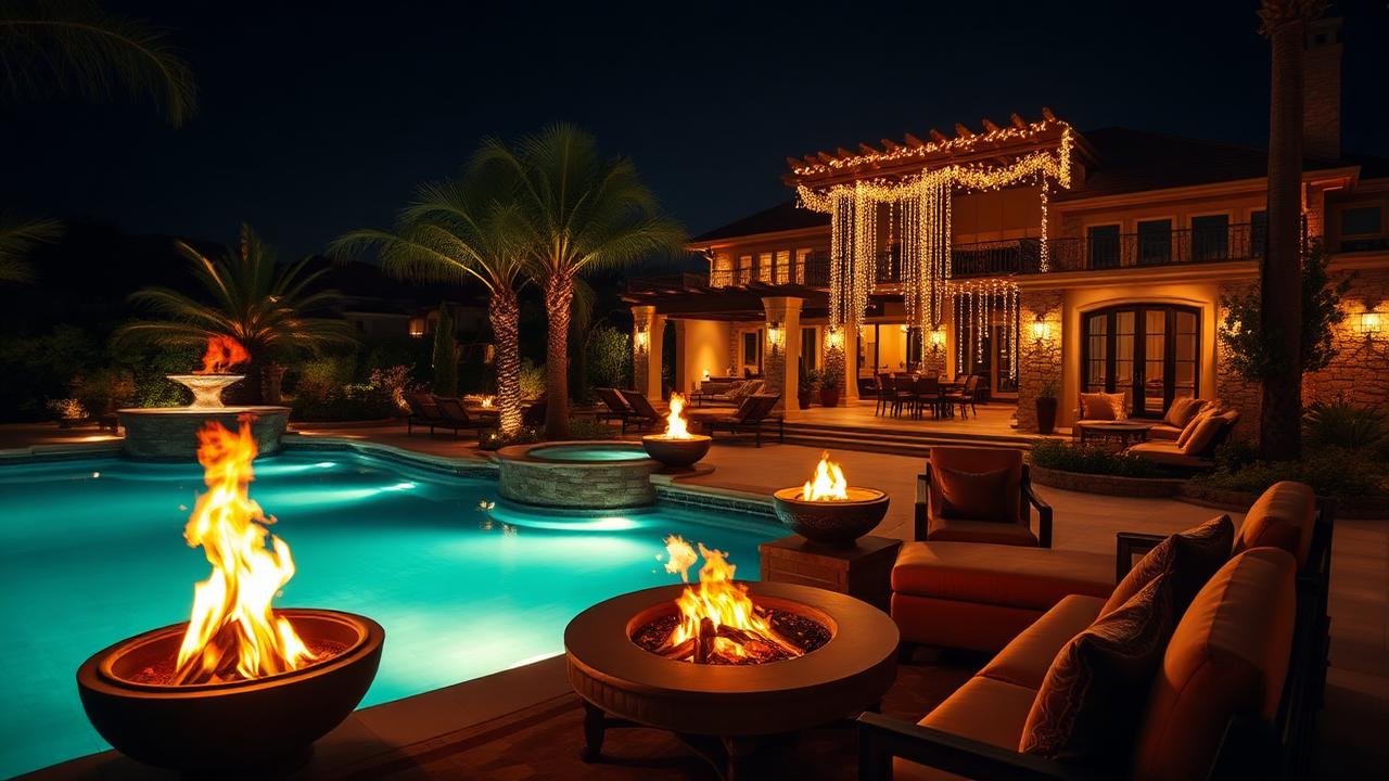 Night backyard with glowing pool fire bowls pergola lights and lounge seating. Images Created by www.future-home.shop