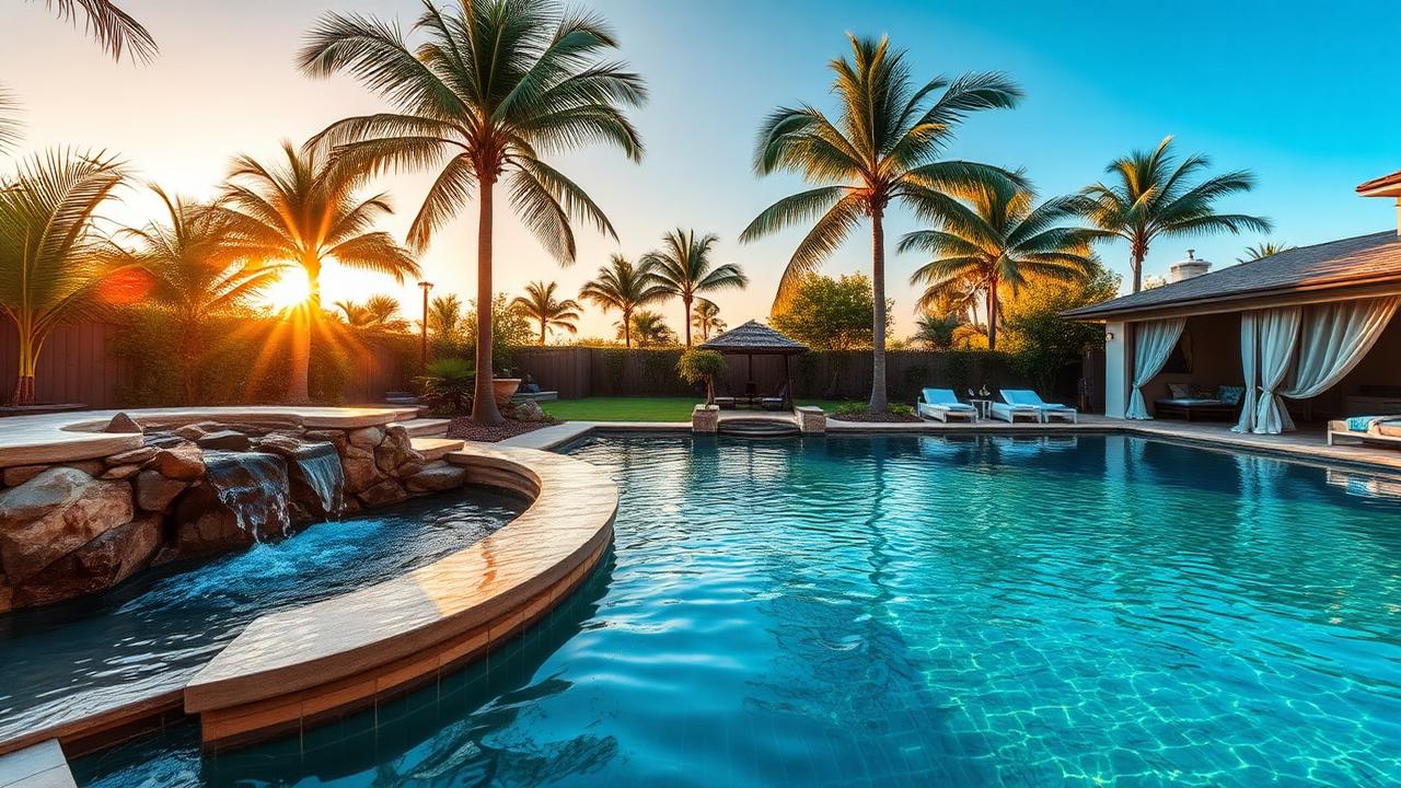 Tropical lagoon pool with waterfall grotto palm cabana and sun loungers modern. Images Created by www.future-home.shop