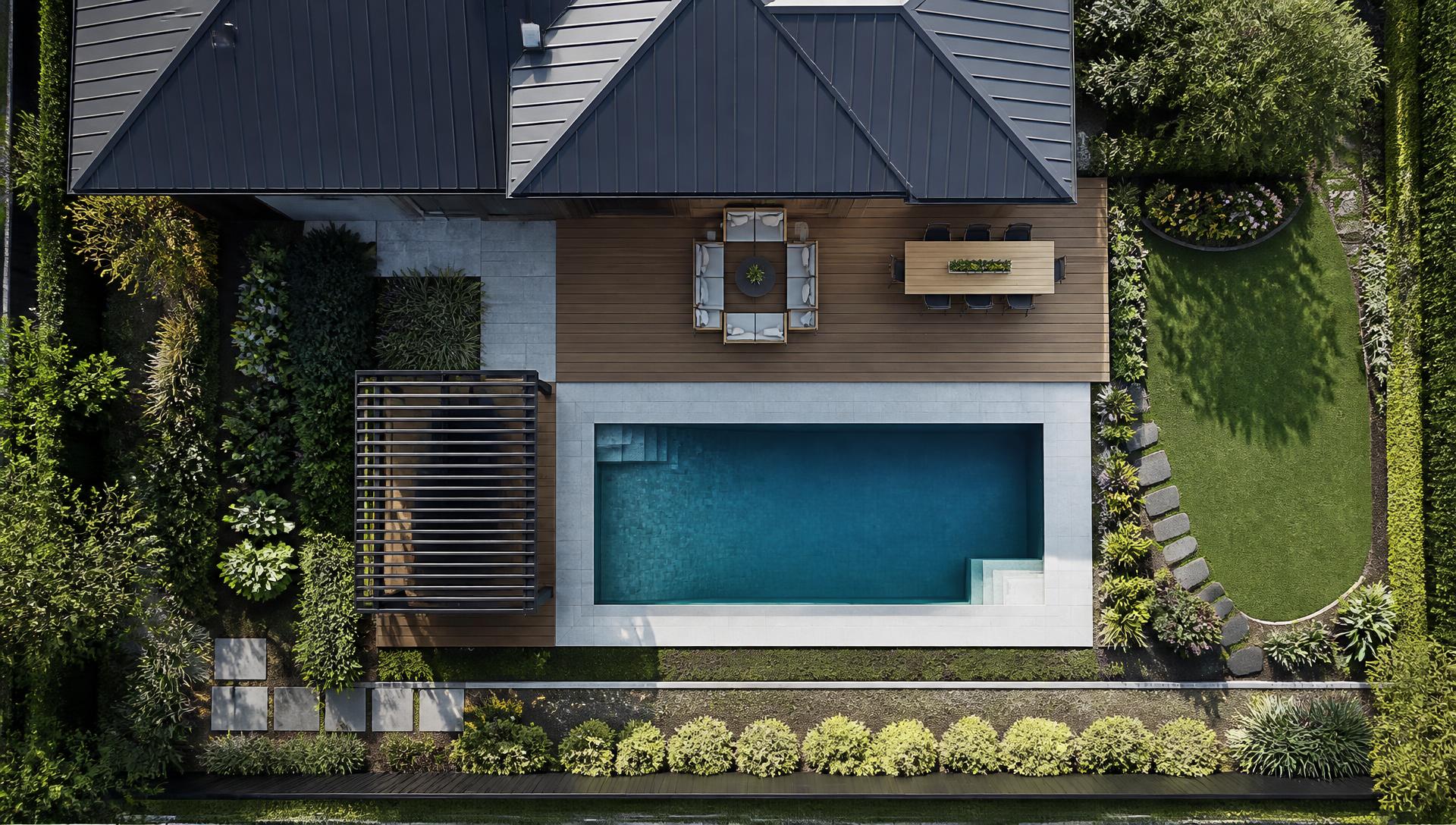 Modern Tropical Island Resort Pool Retreat Top / Drone View of a backyard landscape design concept. Images Created by www.future-home.shop