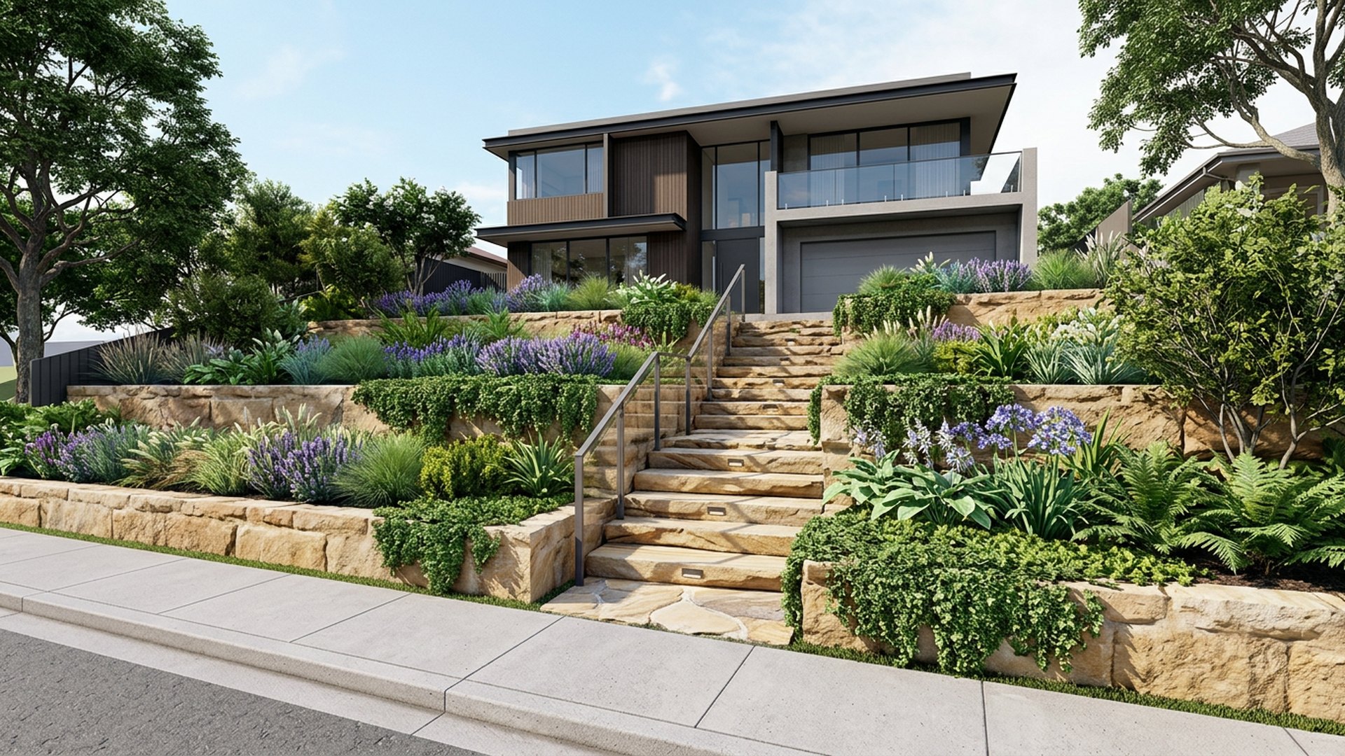Cascading Terraces front yard landscaping concept Forward Looking Three sandstone terraces stepping down to the street with planted risers. Path. Images Created by www.future-home.shop