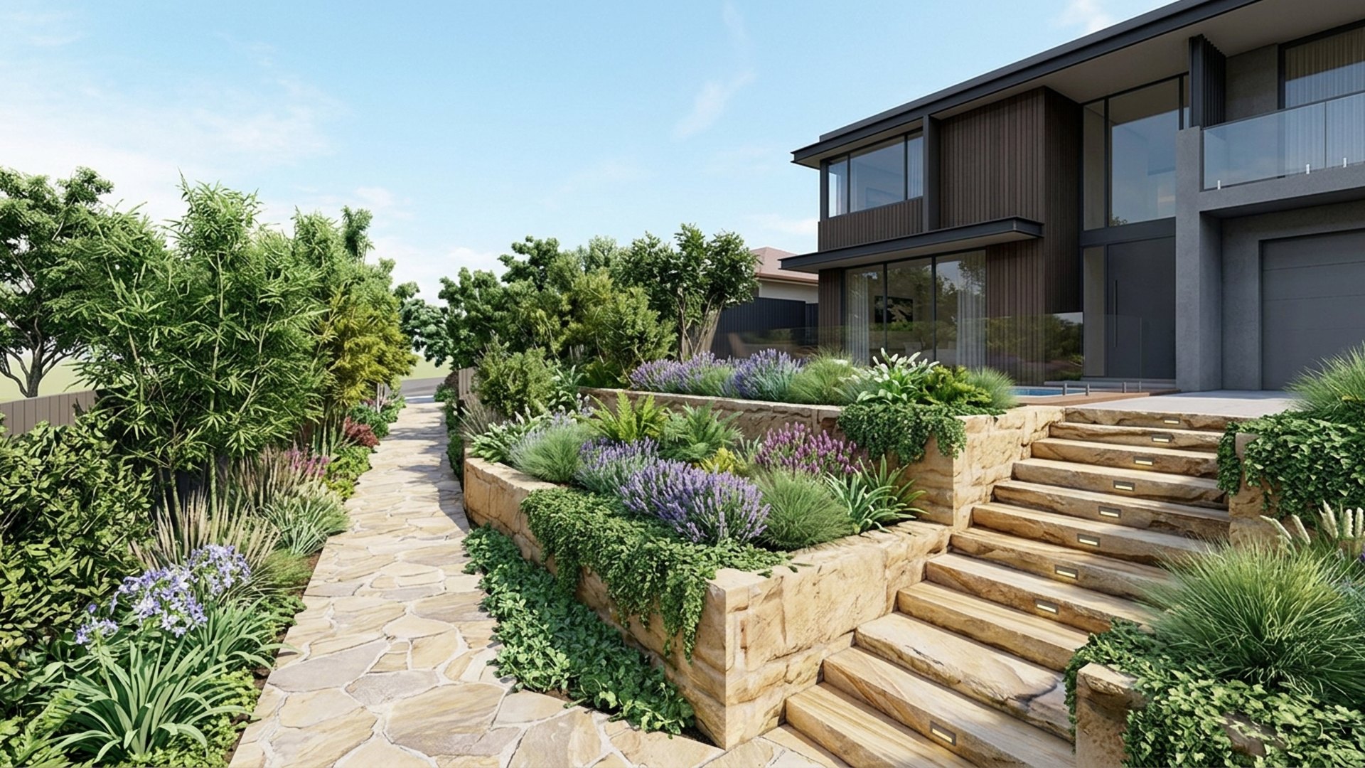 Cascading Home Designs design concept visualisation photo modern home and garden landscaping. Images Created by www.future-home.shop