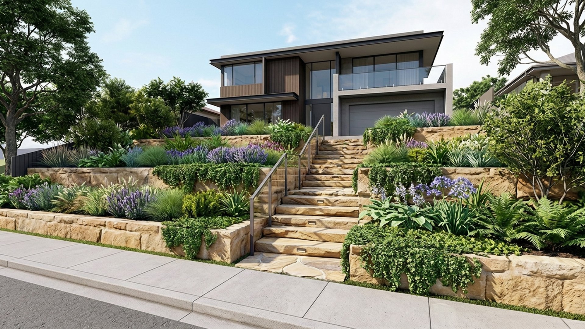 Cascading Home Designs design concept visualisation photo modern home and garden landscaping. Images Created by www.future-home.shop