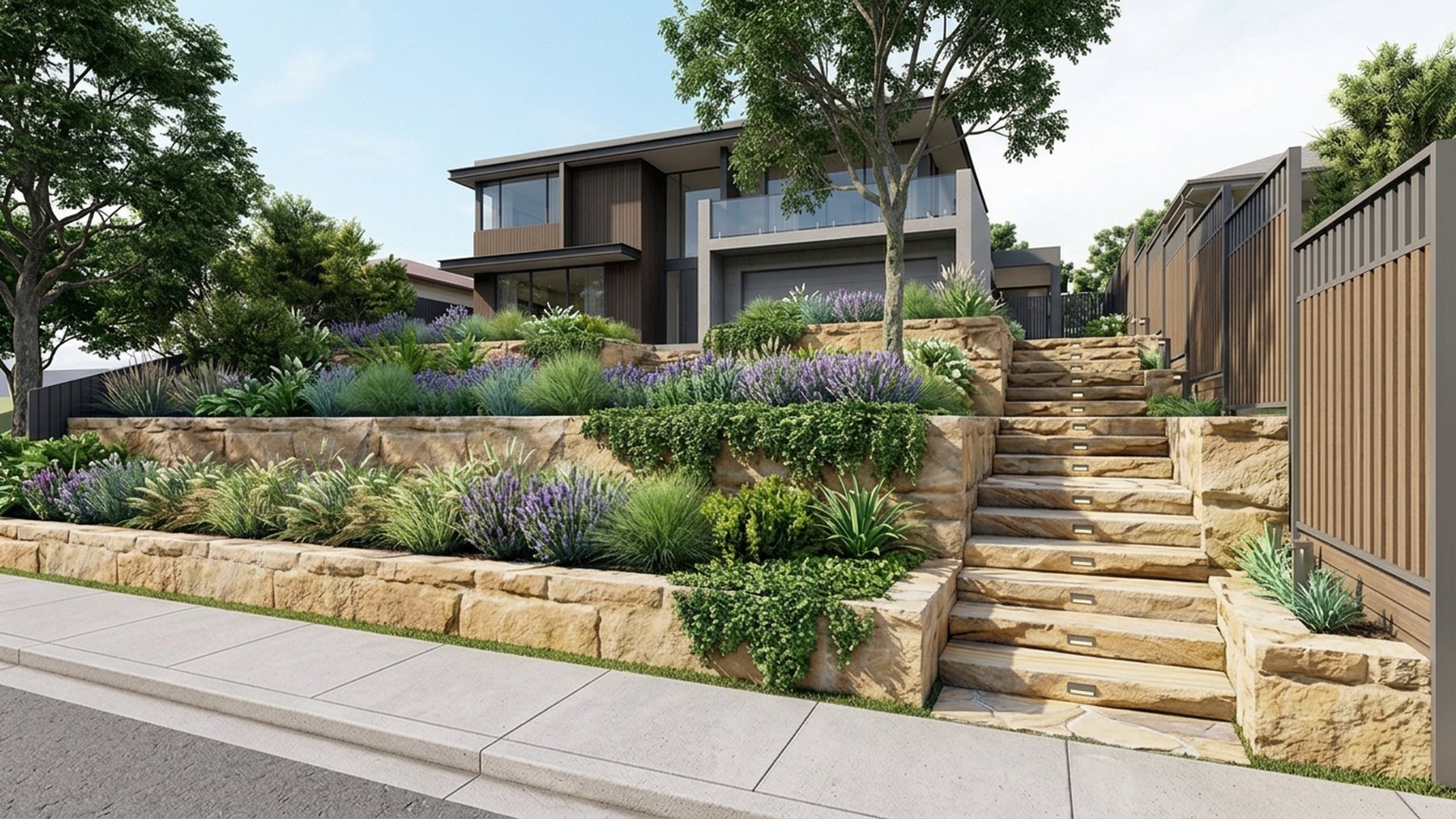 Cascading Home Designs design concept visualisation photo modern home and garden landscaping. Images Created by www.future-home.shop