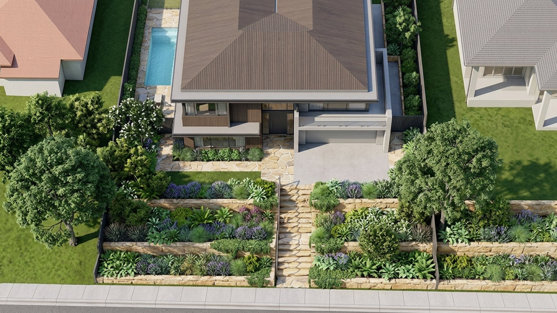 Cascading Home Designs design concept visualisation photo modern home and garden landscaping. Images Created by www.future-home.shop