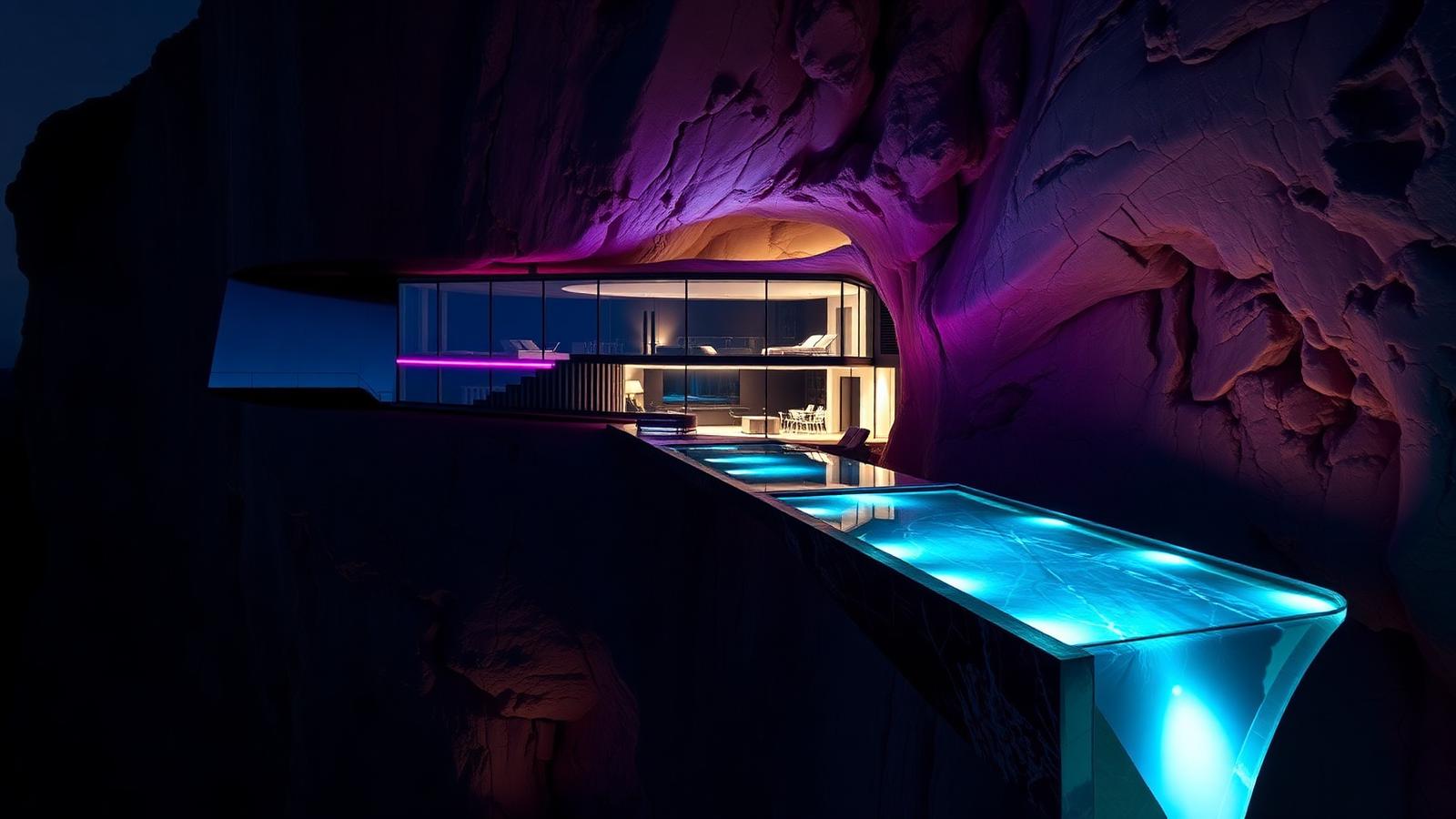 Extreme Sites: Cliff-Cut Homes, Mirrored Facades And Cantilevered Glass Pools futuristic neon. Images Created by www.Future-Home.Shop