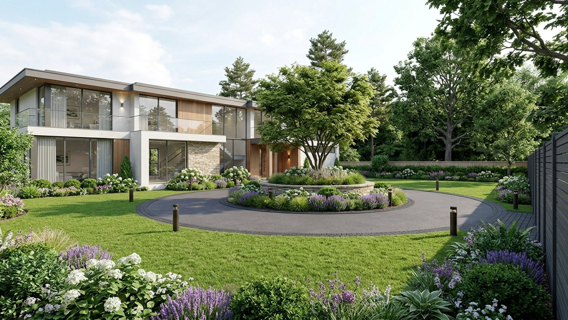 Circular Drive with Opulence and Grandeur front yard landscaping concept Right Side Property View A sweeping Circular Driveway wrapped around. Images Created by www.future-home.shop