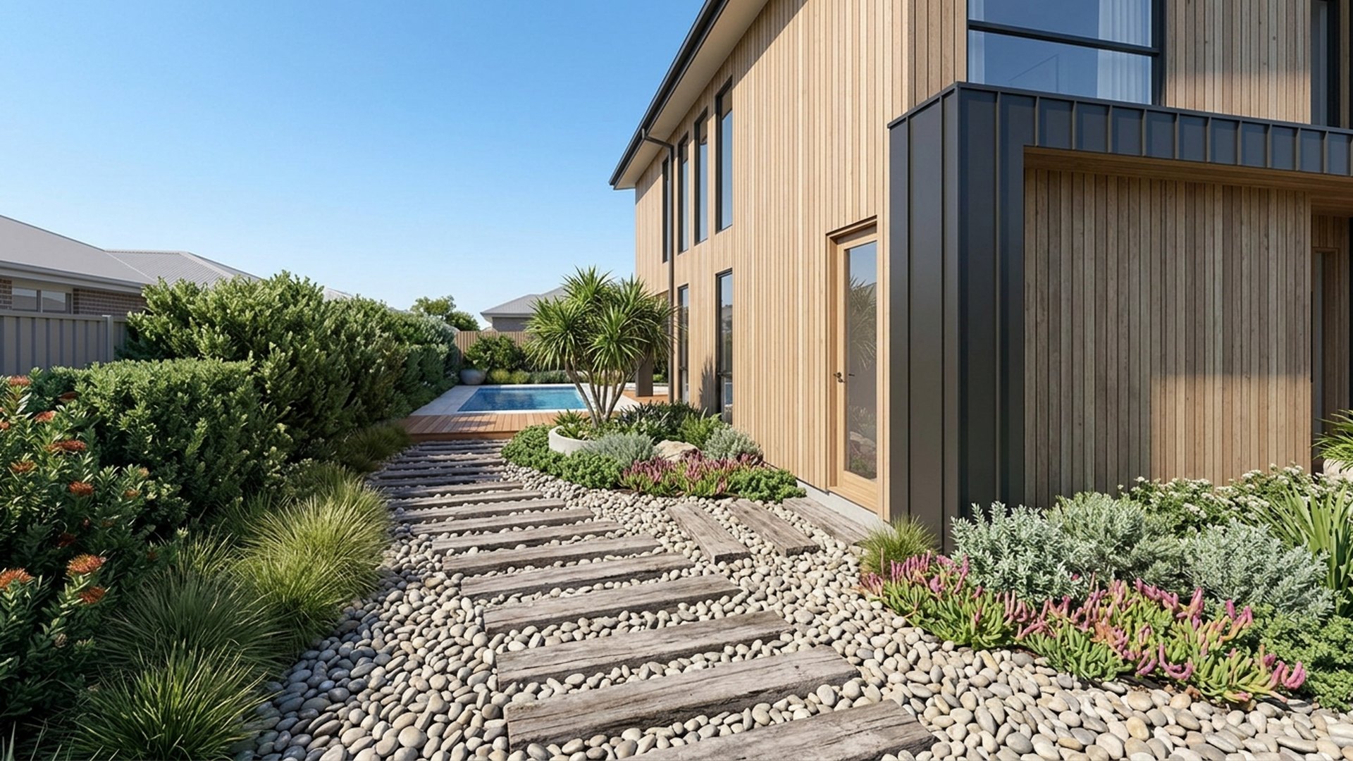 Coastal Home Designs design concept visualisation photo modern home and garden landscaping. Images Created by www.future-home.shop