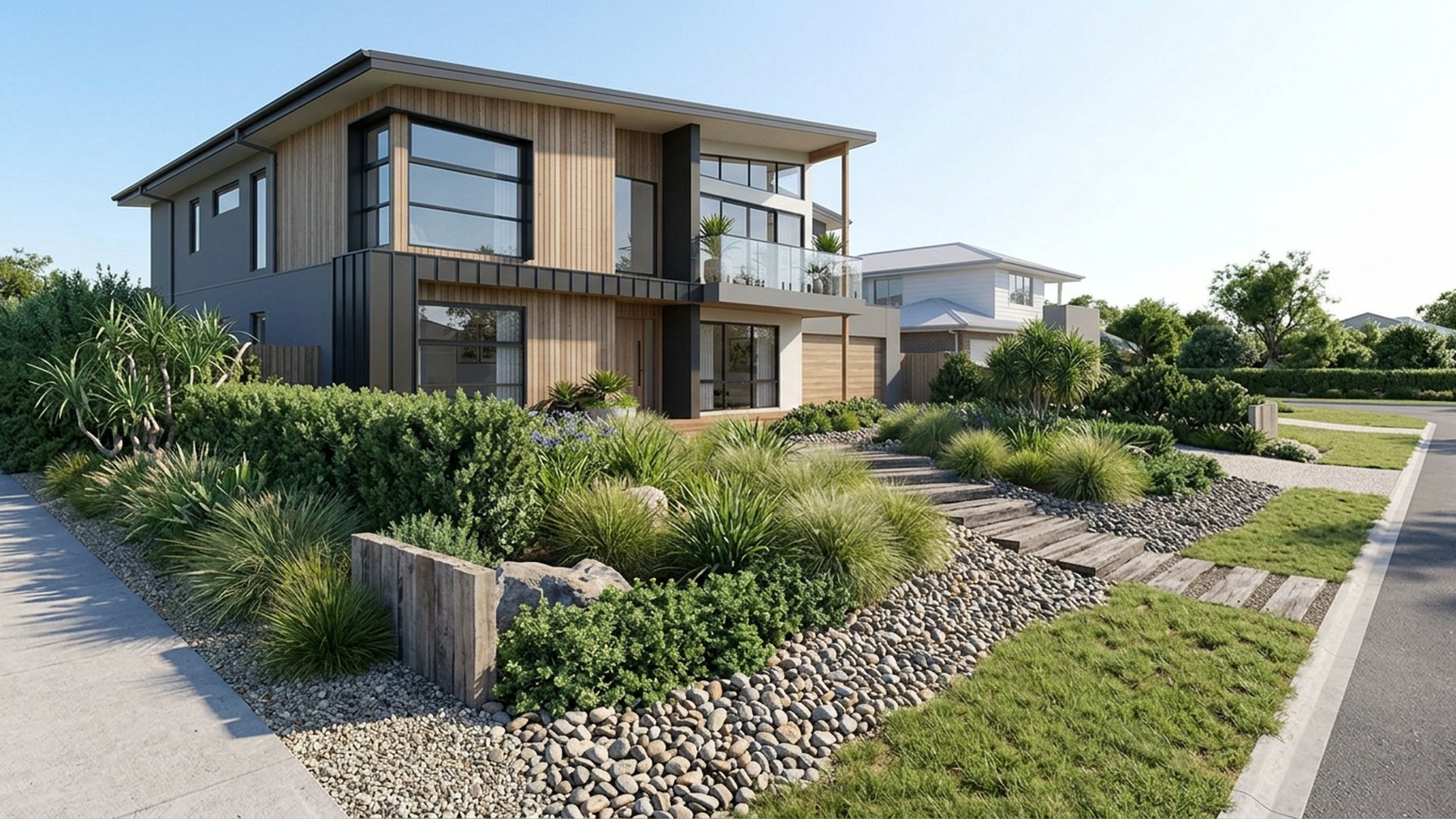 Coastal Home Designs design concept visualisation photo modern home and garden landscaping. Images Created by www.future-home.shop