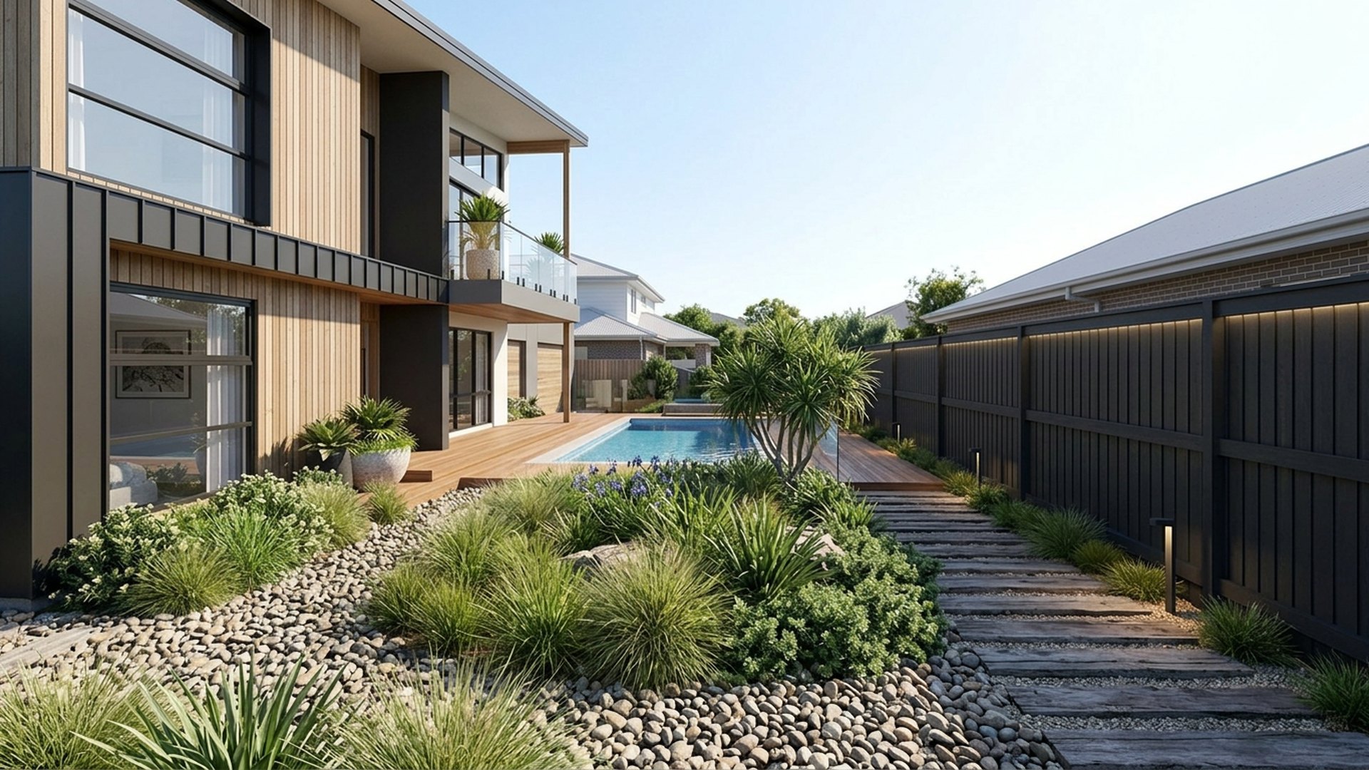 Coastal Native Verge and Beach House Design front yard landscaping concept Right Side Property View Wind tolerant natives, timber sleeper. Images Created by www.future-home.shop