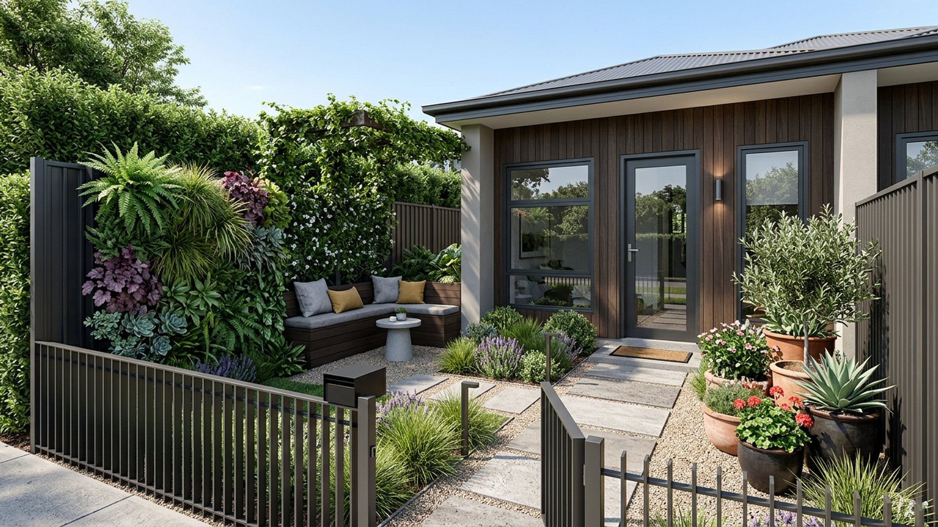 Compact Townhouse Front front yard landscaping concept Forward Looking Under 40 square metres worked hard with vertical greenery and a. Images Created by www.future-home.shop