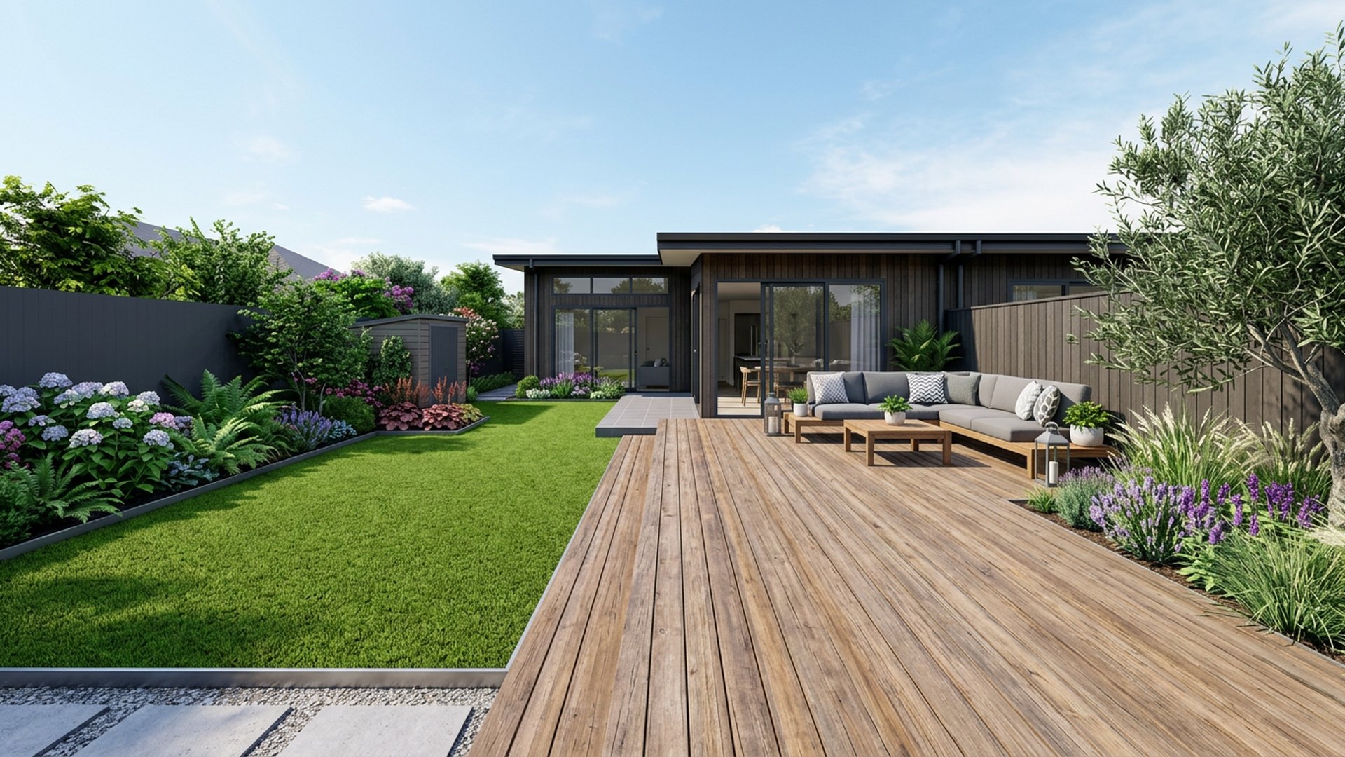 Deck and Lawn Split backyard landscaping concept Forward Looking Half timber deck for furniture, half lawn for play, joined by. Images Created by www.future-home.shop