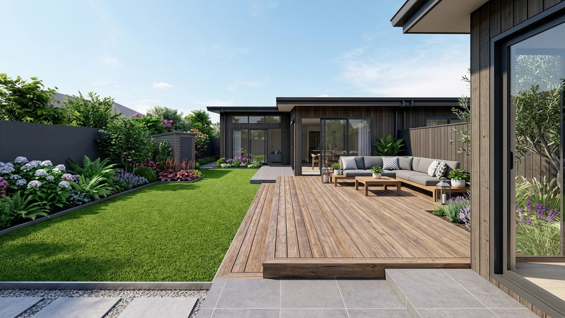 Deck Home Designs design concept visualisation photo modern home and garden landscaping. Images Created by www.future-home.shop