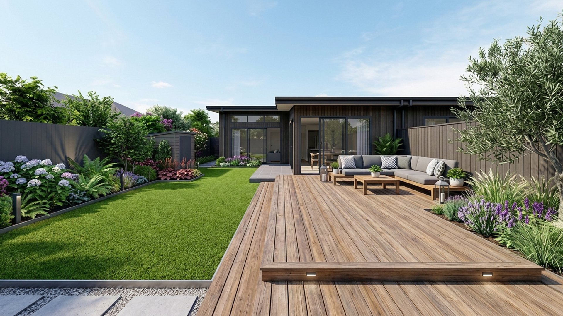 Deck Home Designs design concept visualisation photo modern home and garden landscaping. Images Created by www.future-home.shop