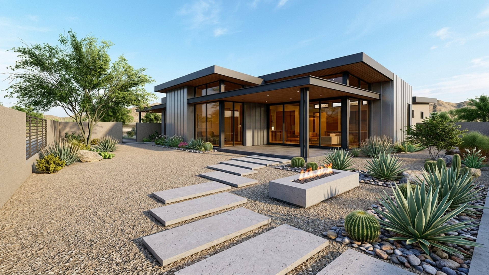 Desert Modern Yard backyard landscaping concept Forward Looking Decomposed granite, agaves, a linear fire table and floating concrete steps. Planting. Images Created by www.future-home.shop