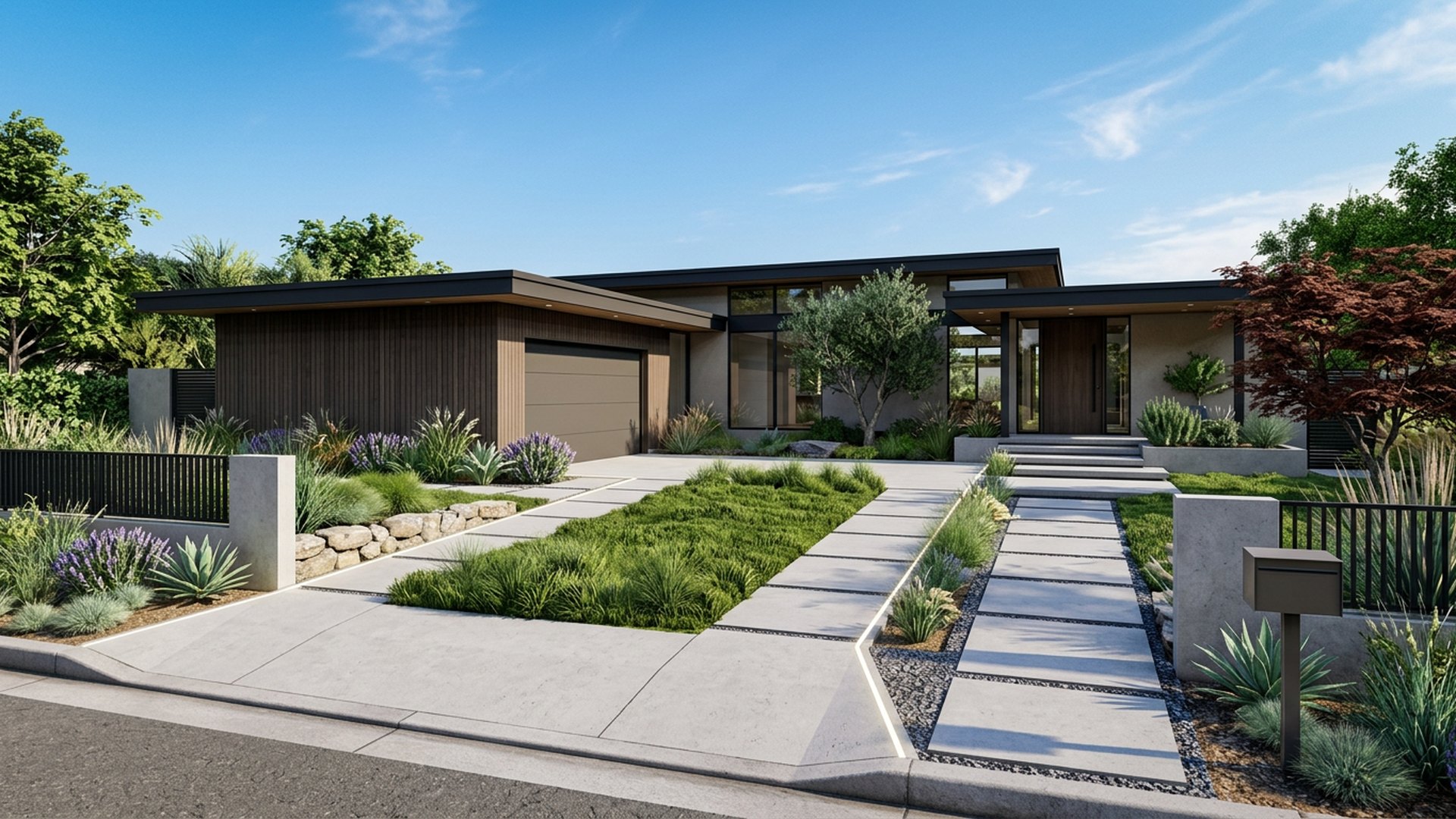Driveway Reimagined front yard landscaping concept Forward Looking Concrete strips with a green centre, permeable joints and lit edges. The. Images Created by www.future-home.shop