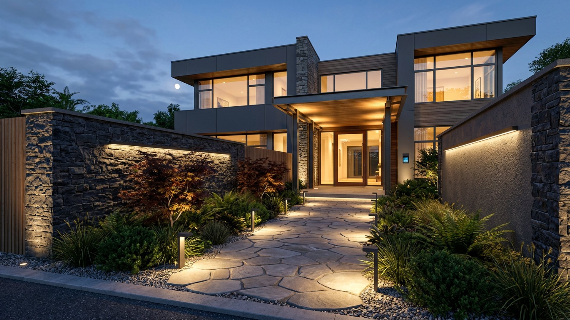 Evening Lit Entry front yard landscaping concept Forward Looking A design built around night arrival: grazed walls, path lights and. Images Created by www.future-home.shop