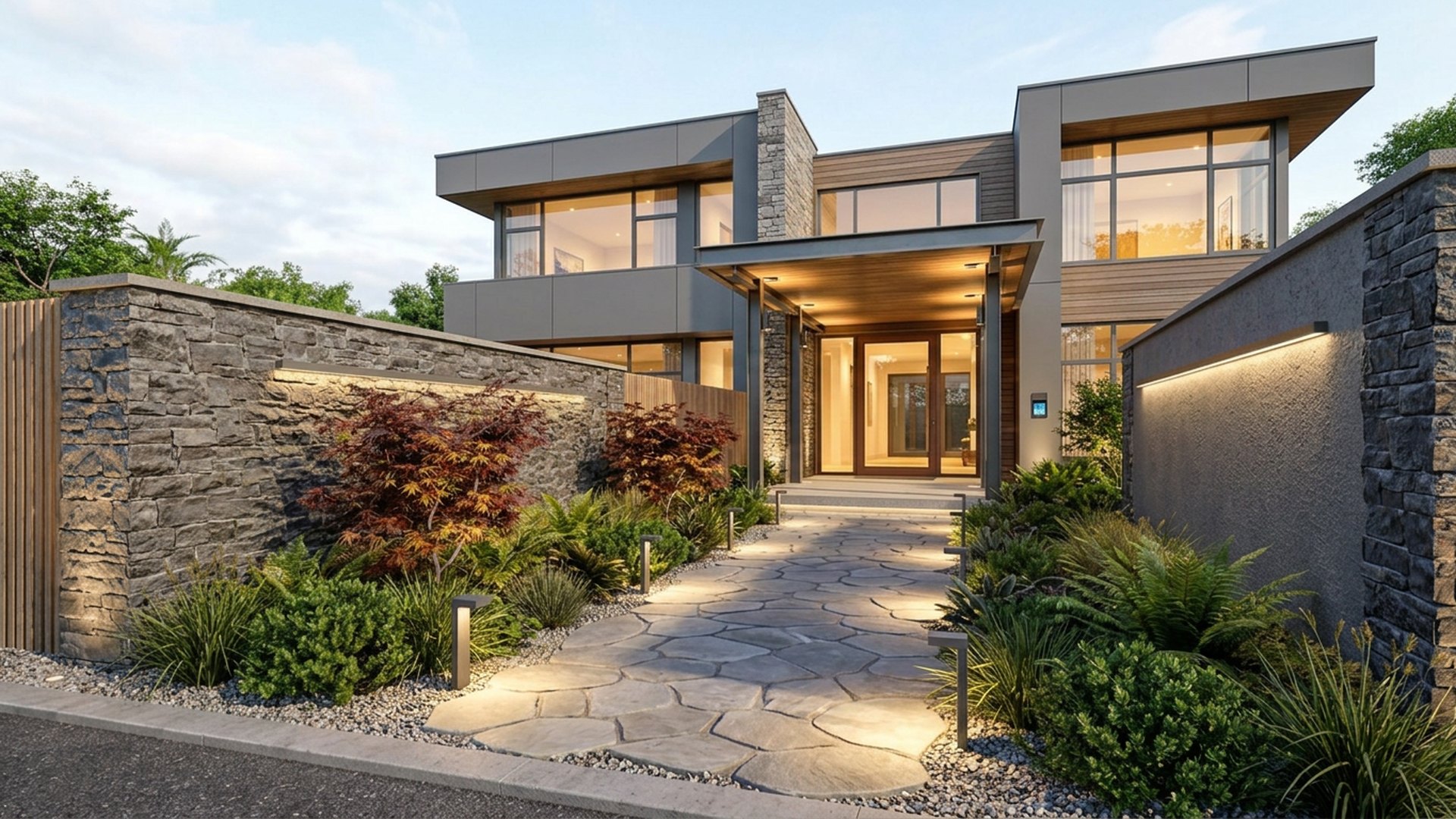 Evening Home Designs design concept visualisation photo modern home and garden landscaping. Images Created by www.future-home.shop