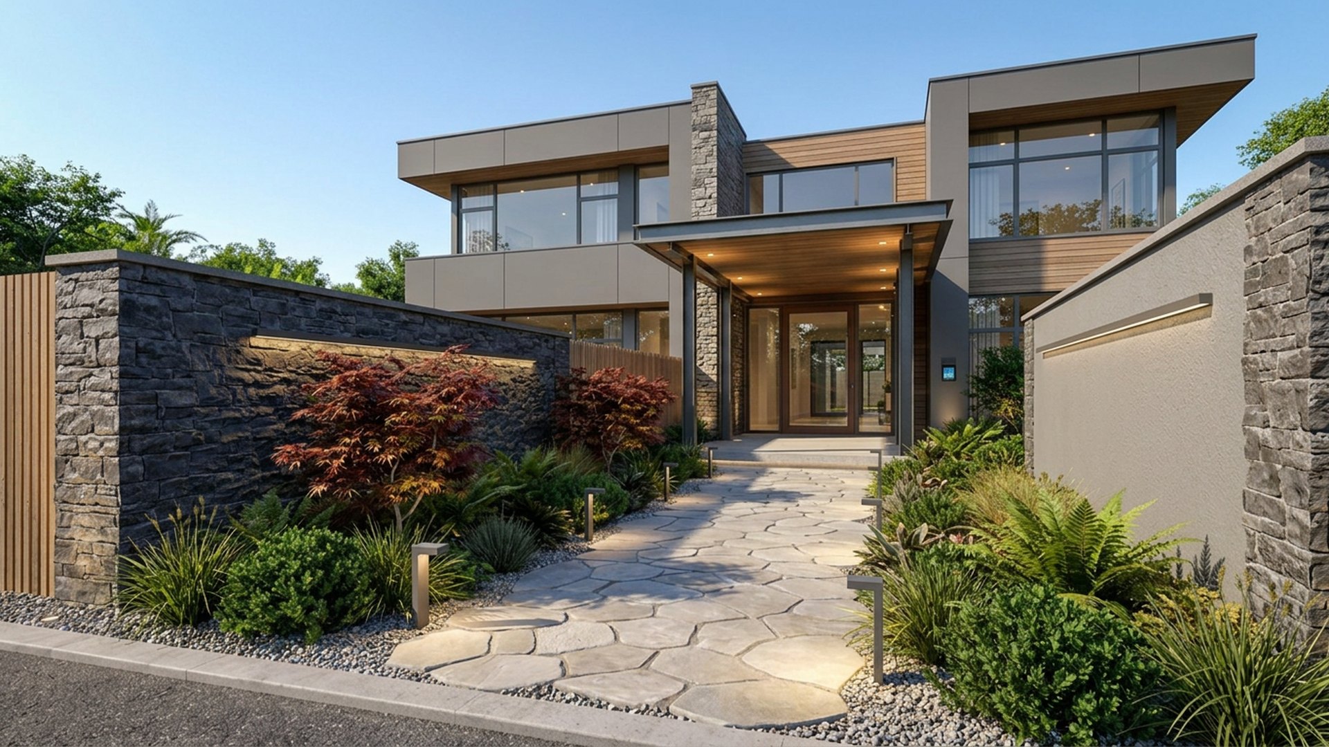 Evening Home Designs design concept visualisation photo modern home and garden landscaping. Images Created by www.future-home.shop