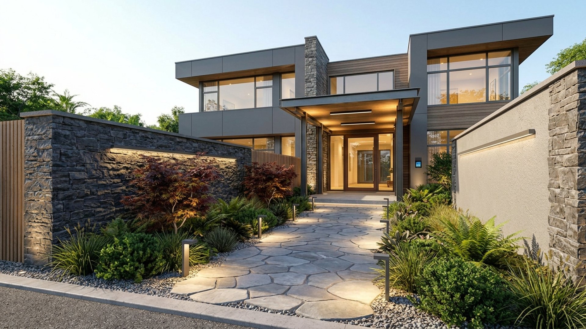 Evening Home Designs design concept visualisation photo modern home and garden landscaping. Images Created by www.future-home.shop