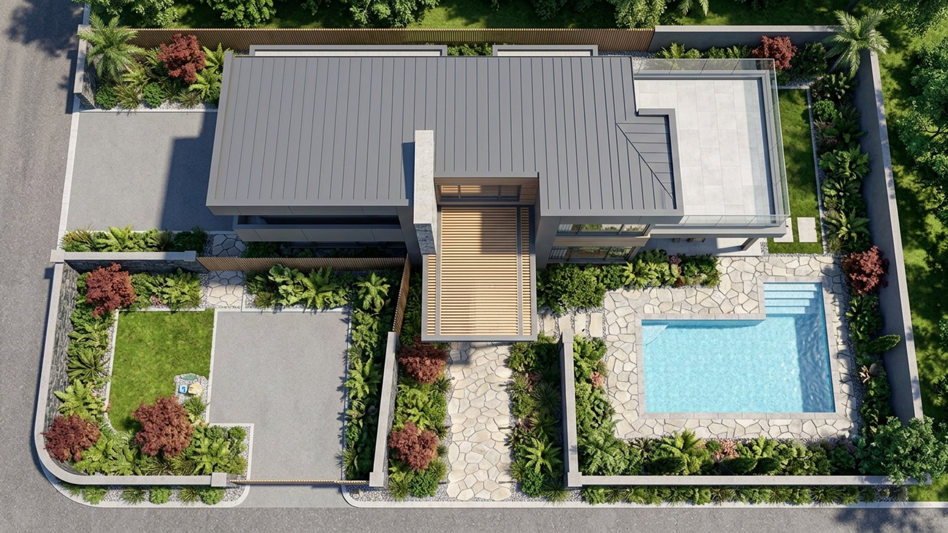Evening Home Designs design concept visualisation photo modern home and garden landscaping. Images Created by www.future-home.shop