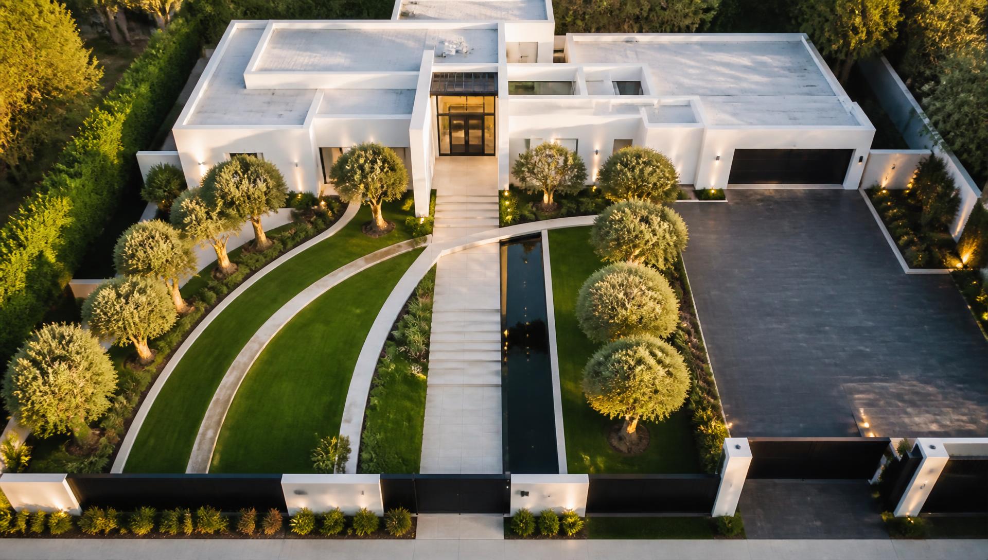 Solstice Court Frontage front yard design Top / Drone View A single storey white render facade with sculpted curved lawn. Images Created by www.future-home.shop