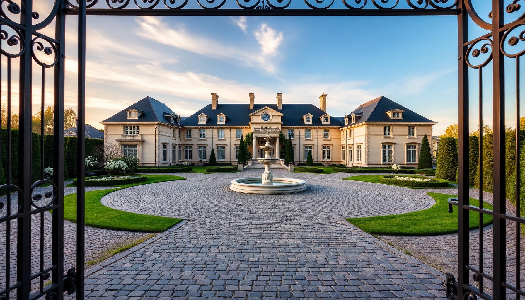 Grand Fountain Estate Entry front yard design Forward Looking A sweeping cobblestone circular driveway wrapped around a tiered stone fountain. Images Created by www.future-home.shop