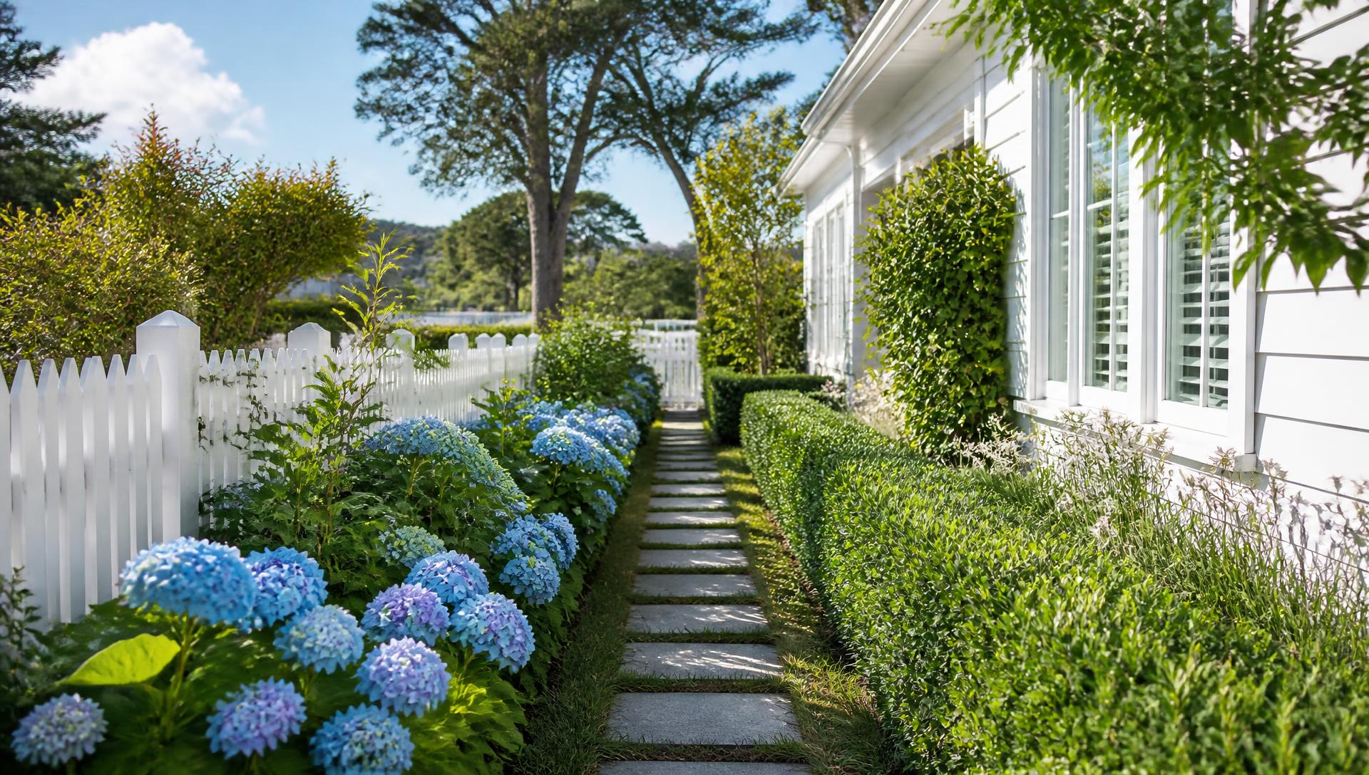 Hydrangea Coast Beach House front yard design Left Side Property View White weatherboard, a crushed shell driveway and drifts of. Images Created by www.future-home.shop