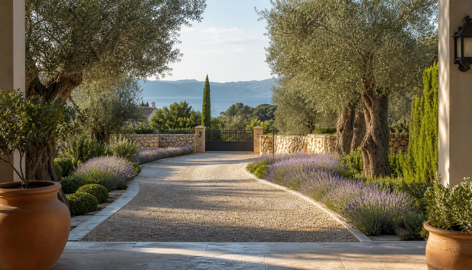 Mediterranean Olive Grove Villa front yard design Rear Backyard Look A sun-warmed stone villa with terracotta roof, sweeping gravel driveway. Images Created by www.future-home.shop