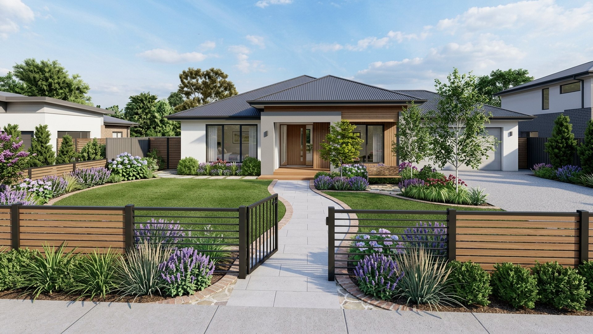 Family Safe Entry front yard landscaping concept Forward Looking Fenced front lawn with a gated path, soft edges and no. Images Created by www.future-home.shop