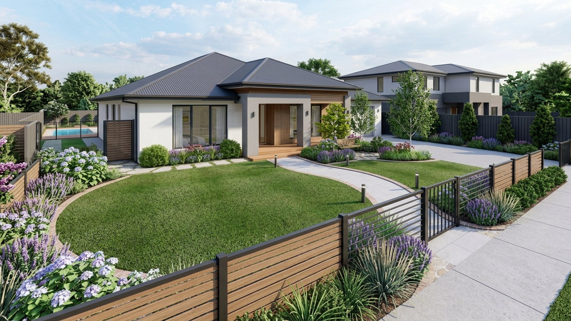 Family Home Designs design concept visualisation photo modern home and garden landscaping. Images Created by www.future-home.shop
