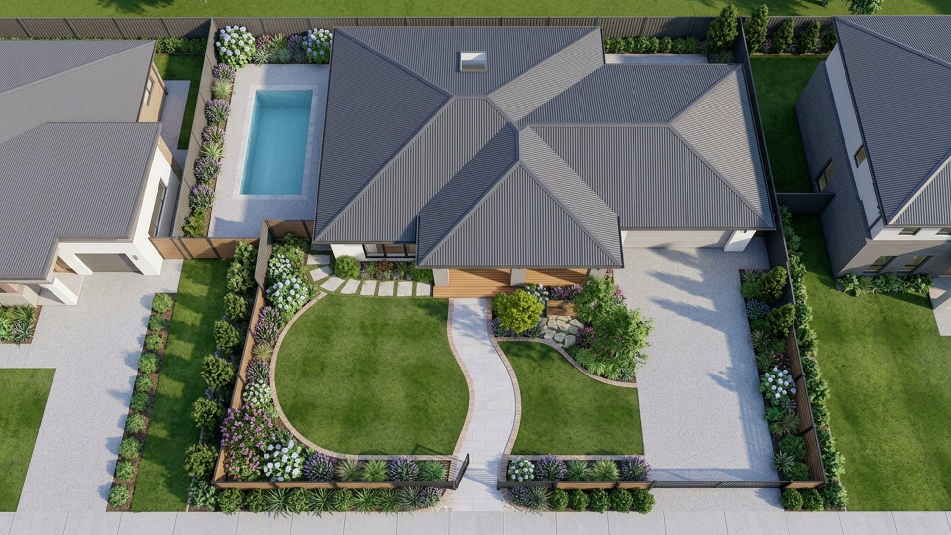 Family Home Designs design concept visualisation photo modern home and garden landscaping. Images Created by www.future-home.shop