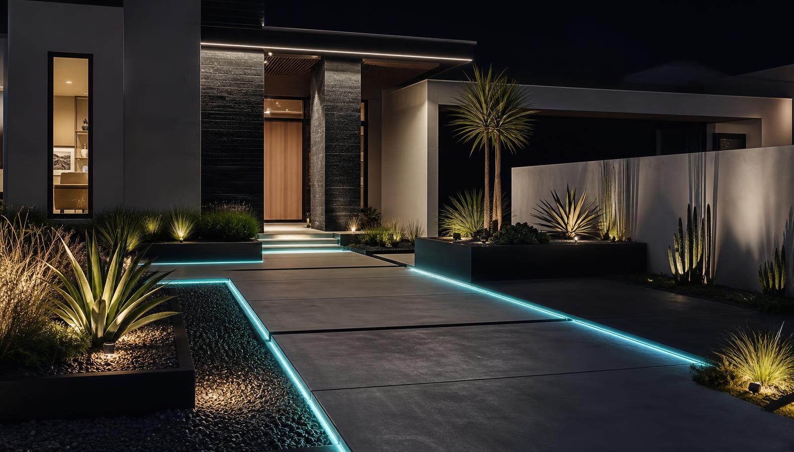 A futuristic front entry with a geometric concrete path edged in neon cyan LED strip lighting, sculptural planting and warm. Images Created by www.future-home.shop