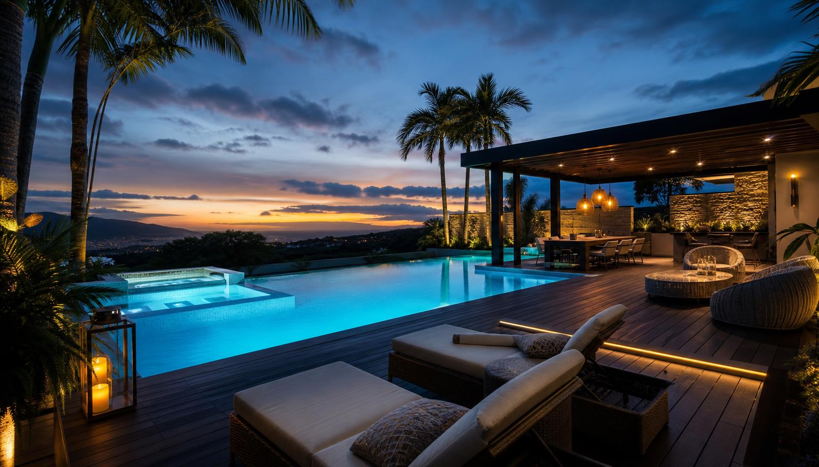 A resort-style backyard at dusk where a turquoise illuminated infinity pool meets a timber deck, open pergola and glowing outdoor. Images Created by www.future-home.shop