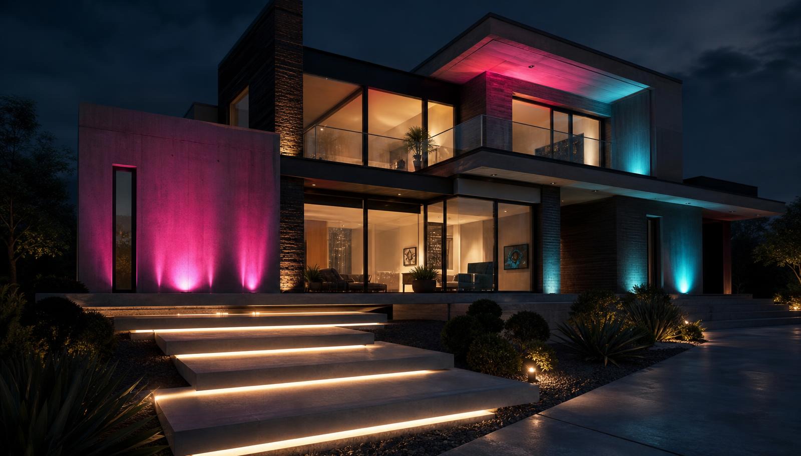 A striking modern facade washed in magenta and cyan accent lighting, with floating illuminated steps and floor-to-ceiling glass revealing warm. Images Created by www.future-home.shop