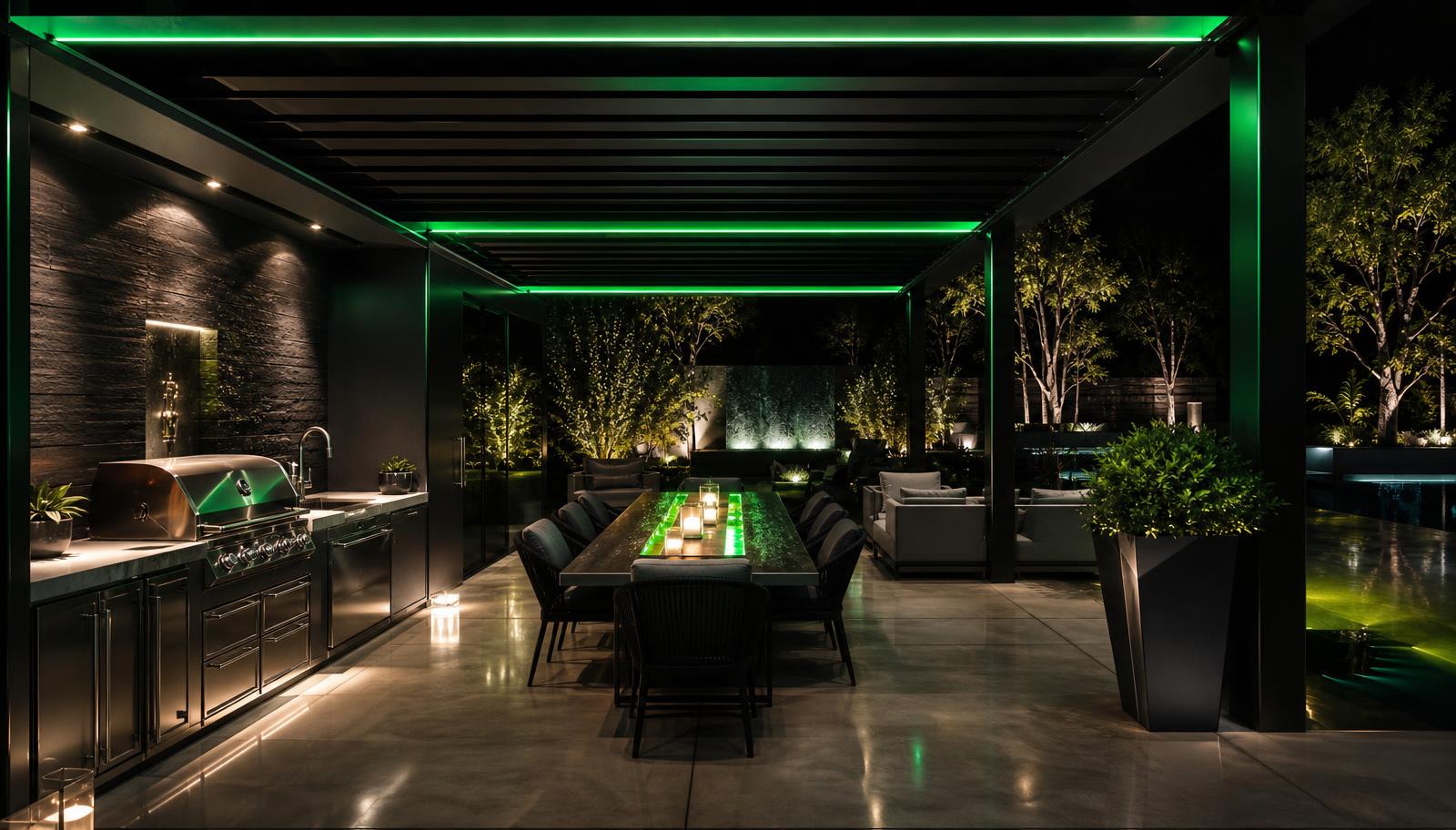 A high-tech outdoor kitchen and dining pavilion framed by a steel pergola with vivid green LED strips, built-in BBQ and. Images Created by www.future-home.shop