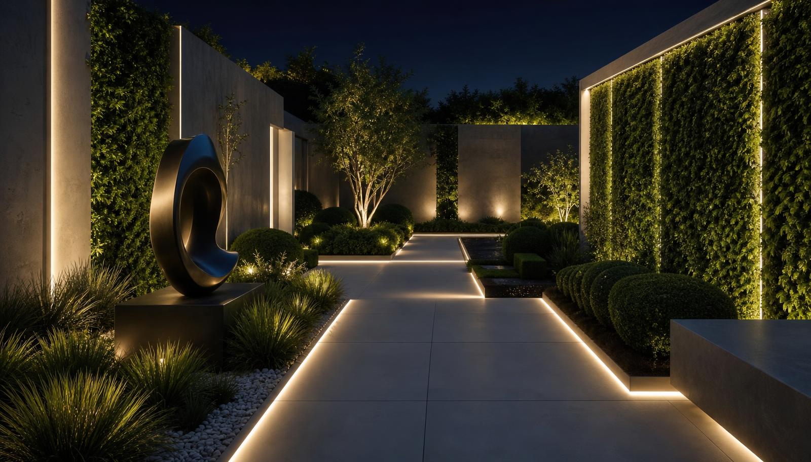 A serene sculptural garden walk at night, with light strips embedded in paving, a vertical green wall and a contemporary. Images Created by www.future-home.shop