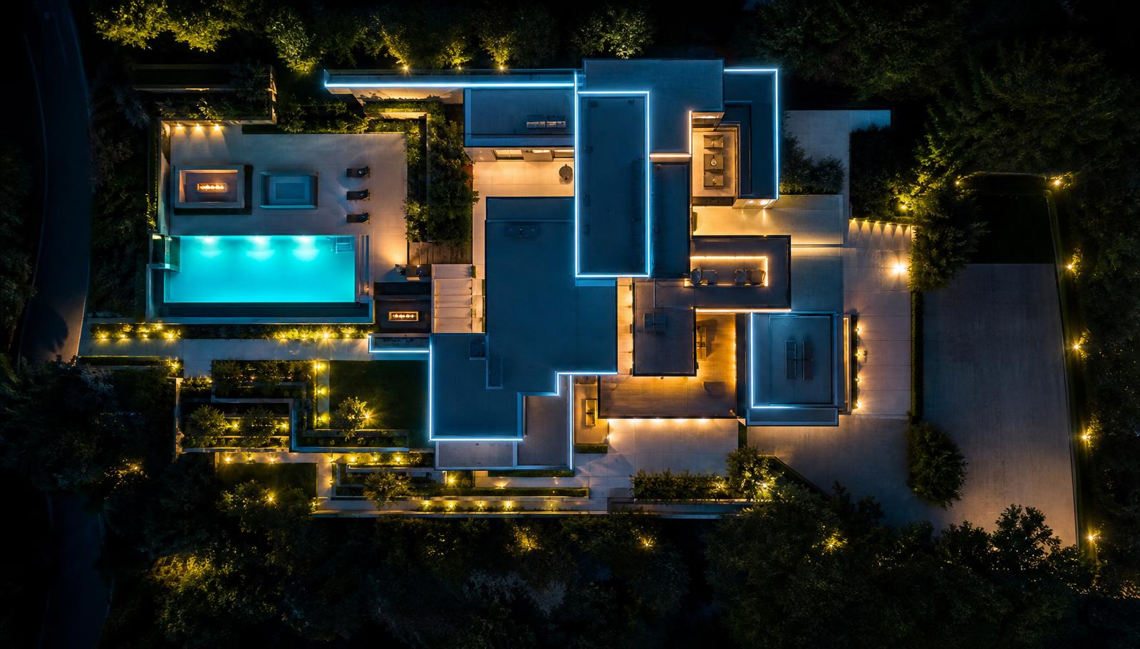 A dramatic aerial top view of a futuristic home at night, its rooflines traced in cyan LED light, pool glowing. Images Created by www.future-home.shop